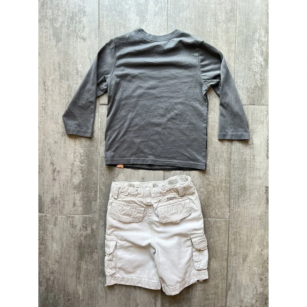 Toddler Boy 2 Piece Outfit Set Tan Khaki Cargo Shorts Long Sleeve T-Shirt Tee 3T